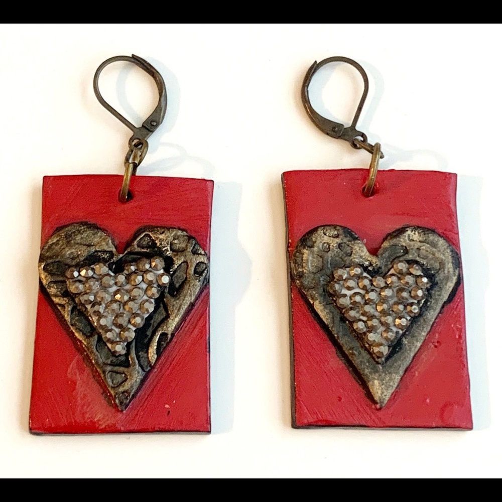 Rectangle red antique gold abstract Heart earrings
